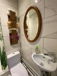 a bathroom with a toilet and a sink and a mirror at Gite Villa Fauvette 2 min to RER B train station in Aulnay-sous-Bois +8 photos