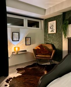 a living room with a chair and a rug at Élégant 2 pièces au calme, axe Metz-Luxembourg in La Celle-sous-Gouzon