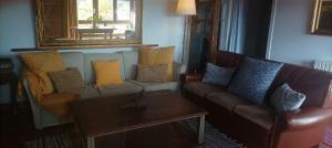 a living room with couches and a table and a mirror at Apartamento Carballo Do Xurès in Maus de Salas
