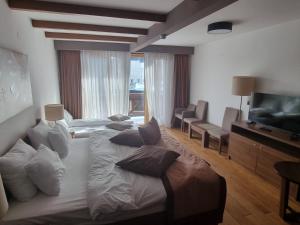 a bedroom with a large bed with pillows and a television at Apartment B326 - Aparthotel Vučko in Jahorina +19 photos