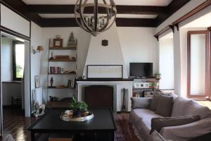 een woonkamer met een bank en een open haard bij Pelion country house in Volos