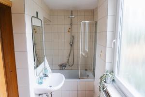 a bathroom with a sink and a shower at raum life - Ferienwohnung Straubing #1 in Straubing +29 photos