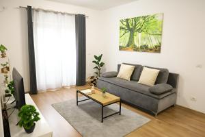 een woonkamer met een bank en een tafel bij Hushu Apartment in Giroc