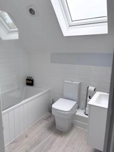 a bathroom with a toilet and a bath tub and a sink at Modern Flat Near Dover Castle in Dover +14 photos