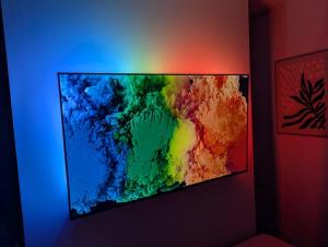 a television with a painting on a wall at Studio cosy proche étang et commerces in Saint-Aubin-du-Cormier