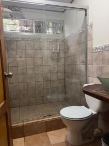 ein Badezimmer mit Dusche, Toilette und Waschbecken in der Unterkunft Room near Airport SJO in Coyol