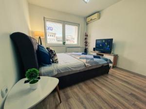 ein Schlafzimmer mit einem Bett, einem Tisch und einem Fernseher in der Unterkunft The Place in Skopje