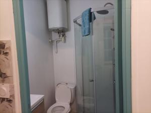 a bathroom with a toilet and a glass shower at Le studio du cinéma in Évron