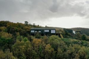 a house on the side of a hill with trees at Architect Drawn Cabin With Sea View At Stokkøy in Hosen