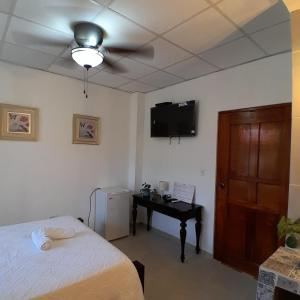 拉斯塔布拉斯基米尔旅舍/拉洛基米尔小屋家庭旅舍的一间卧室配有一张床、一张桌子和吊扇