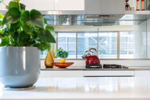 una cucina con una pianta in vaso su un bancone di Fitzroy 2BR Patio Parking & Pet-Friendly a Melbourne