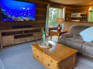 a living room with a couch and a large screen tv at Red Roof Cabin - Suite 