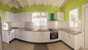 a kitchen with white cabinets and green walls at Villa indigo Gp in Vieux-Habitants