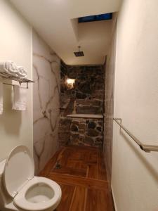 a bathroom with a toilet and a stone wall at Atardecer in Tzicuilán