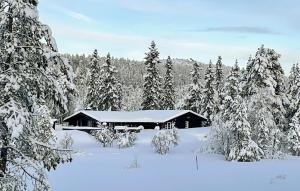 a cabin in a snowy forest with snow covered trees at Cozy Home In Nissedal With Sauna in Solli +15 photos