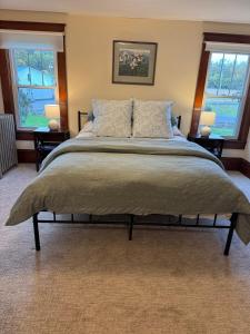 a bedroom with a large bed with two windows at Welcome to Duck Run in Mackeyville, Pennsylvania! in Mill Hall