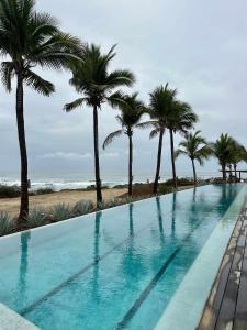- une piscine bordée de palmiers et une plage dans l'établissement Dream Villa in Majahua, à La Majahua
