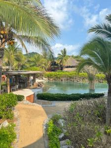 un complexe hôtelier avec un étang bordé de palmiers et une maison dans l'établissement Dream Villa in Majahua, à La Majahua