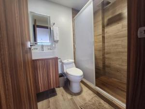 a bathroom with a toilet and a glass shower at 21 Bella habitación Consulado in Guadalajara