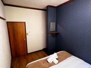 a room with a bed and a blue wall at sneaky peaks in Hakuba