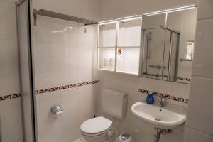 a white bathroom with a toilet and a sink at Aurora Lodge in Frielendorf
