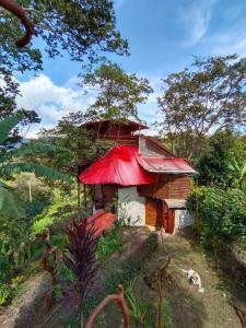 an old house with a red roof on a hill at Hospedaje casa en el Árbol in Moniquirá