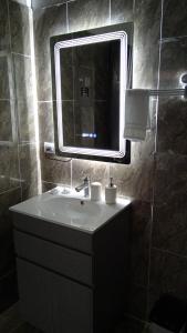 a bathroom with a sink and a mirror at Pino Longe, Río Celeste in Upala