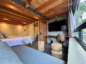 a bedroom with a bed and a flat screen tv at Pandurata Bed and Breakfast in Valle de Bravo
