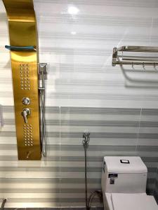 une salle de bain avec toilettes et douche dans l'établissement Hotel Bảo Bảo, à Thuan An