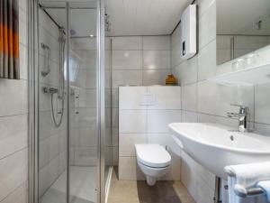 a bathroom with a toilet and a sink and a shower at Ferienwohnung, Oberkirchen in Schmallenberg +32 photos