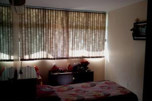 ein Schlafzimmer mit einem Bett und einem Fenster mit Vorhängen in der Unterkunft Casa em Olinda com piscina para o carnaval in Olinda