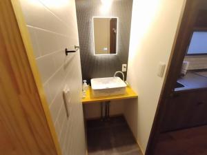 ein kleines Badezimmer mit Waschbecken und Spiegel in der Unterkunft ゲストハウスsimasima古馬場301 in Takamatsu + 32 Fotos