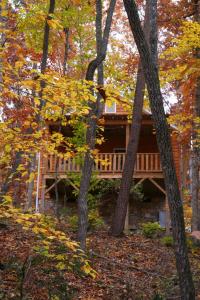 a log cabin with a deck in the woods at Rustic Cabin on 28-Acre Property in the Foothills of the Blue Ridge Mountains in Elkin +41 photos