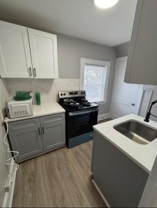 uma cozinha com um fogão e um lavatório em Stuyv Suites em Newark