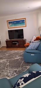 a living room with a blue couch and a tv at Aeris Holiday Home Flinders NSW Pet Friendly in Croom