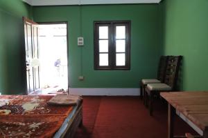a room with green walls and a table and a window at The kamcha Homestay in Bomdila