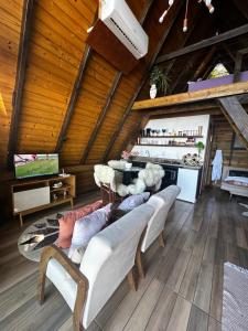 a living room with a couch and a tv at A-Frame da Lagoa in Imaruí