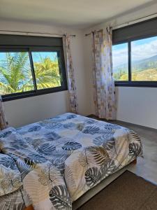 勒唐蓬Ambavilla sea and mountain view的一间卧室设有一张床和两个大窗户