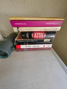 einen Stapel Bücher, die auf einem Schreibtisch liegen in der Unterkunft Frente al Mar totalmente remodelado para 6 personas in Ixtapa + 42 Fotos