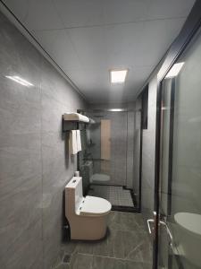 a bathroom with a toilet and a shower and a sink at Guilin Meishe Homestay in Guilin