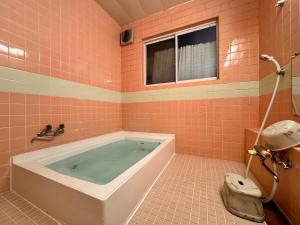a pink tiled bathroom with a tub and a window at Rantanrirun ランタンリルン in Hakuba +89 photos