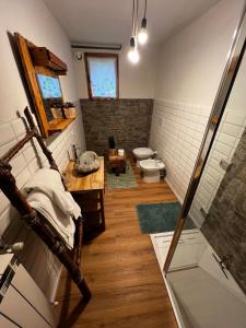 a bathroom with a shower and a toilet at Apartment surrounded by the peace of nature in Torgnon