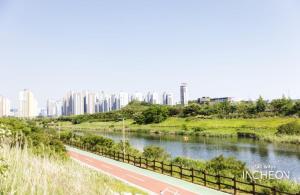 a road next to a river with buildings in the background at 인천 청라3룸 인천공항 아시아드경기장 가족숙소 in So-yŏm