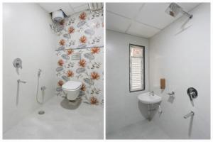 two pictures of a bathroom with a toilet and a sink at Hotel O Shree Vishwanath in Varanasi