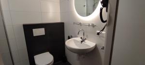 a bathroom with a sink and a toilet and a mirror at Stuivezandeweg 6 in Callantsoog