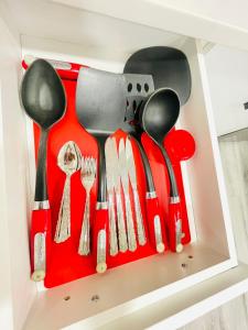 a red drawer filled with spatulas and utensils at Ivey Homes in Edmonton