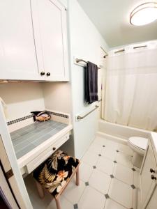 a small bathroom with a toilet and a shower at Oceanfront true 2 bedroom wlanai on Molokai in Ualapue