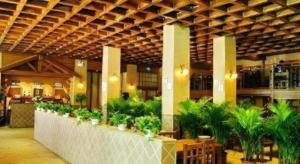 洛陽市にあるGreenTree Inn Luoyang Henan University of Science and Technologyの植物が並ぶ長いカウンターのあるロビー