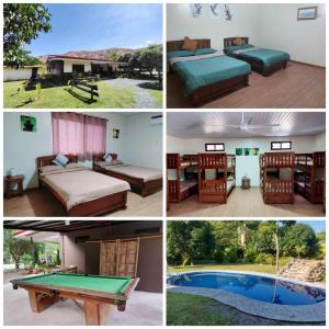 a collage of four pictures of beds and a pool table at Mountain Side Travellers Inn in Zambales