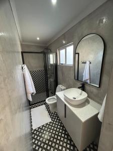 ein Badezimmer mit Waschbecken, Toilette und Spiegel in der Unterkunft Peaceful and Luxurious Hidden Cove in Gqeberha